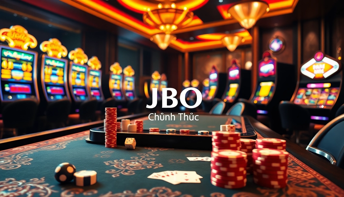 Engaging scene of JBO chính thức showcasing online gambling excitement with casino elements.