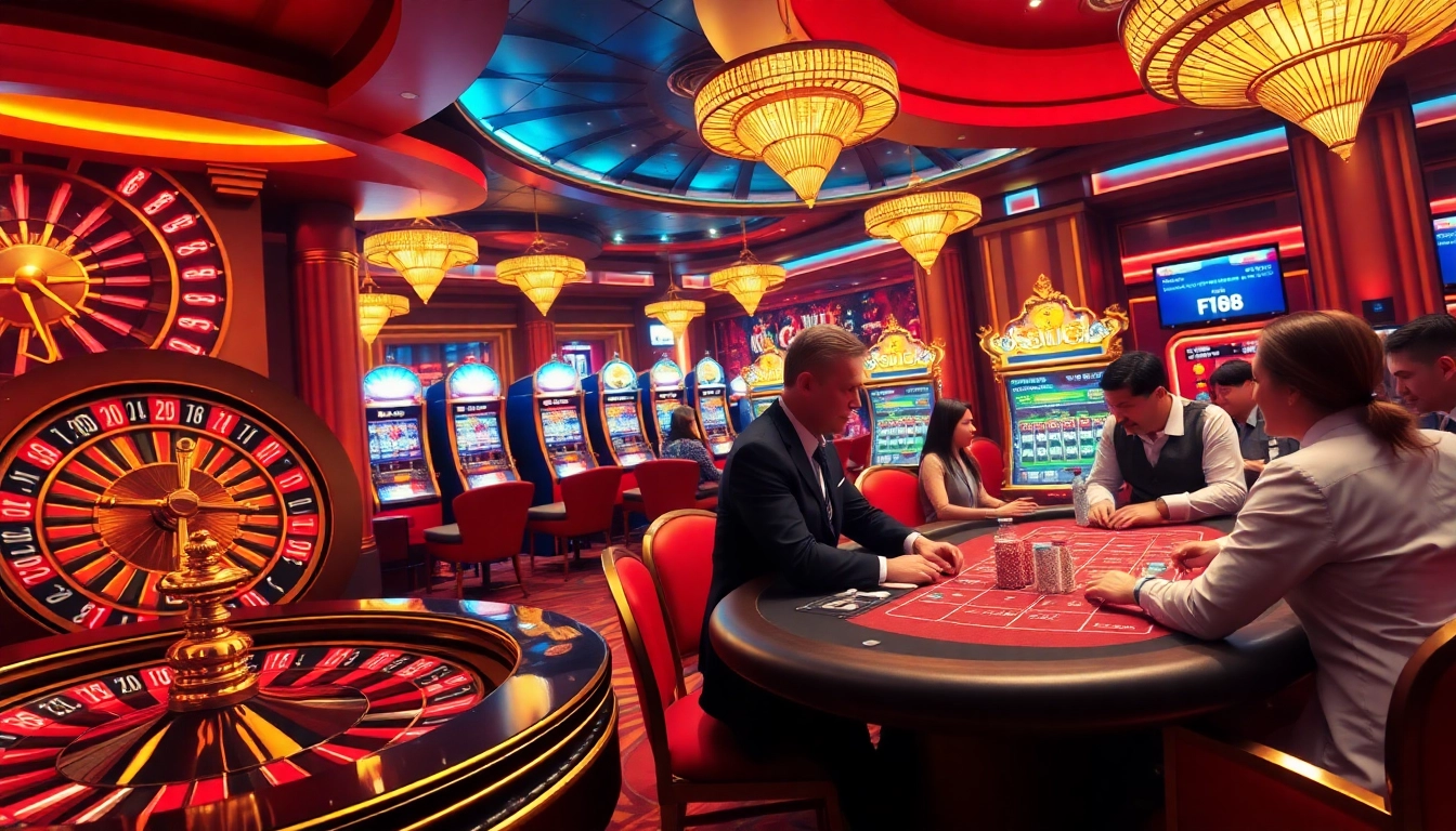 Engaging players at F168 casino table showcasing excitement and strategy in gambling.