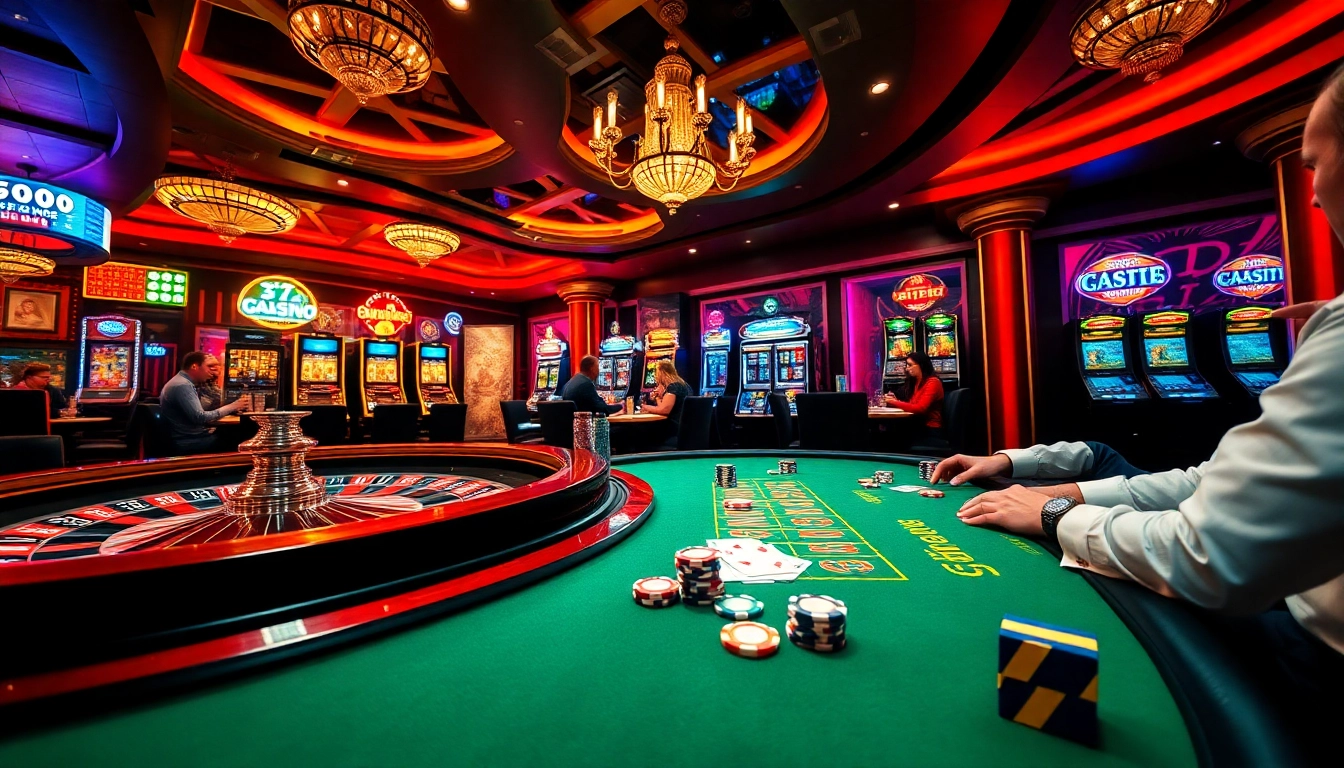 Engaged players at a lively sv88 casino table surrounded by vibrant slot machines.
