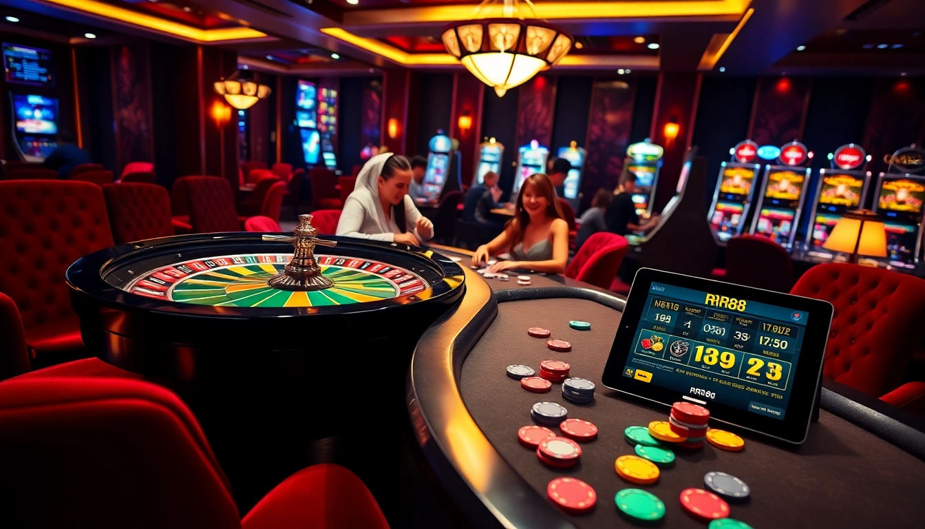 RR88 players enjoying a thrilling poker game, with vibrant casino visuals and betting excitement.