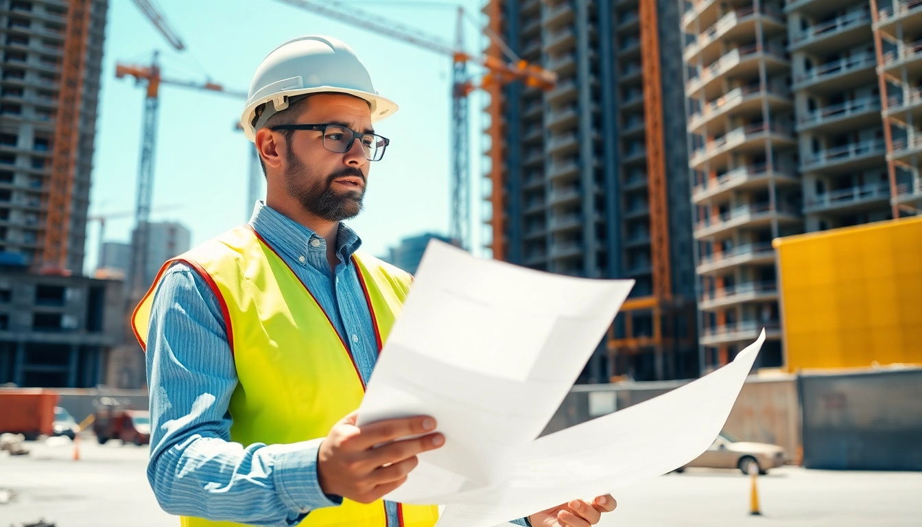 Manhattan Construction Manager analyzing project plans at a bustling construction site.