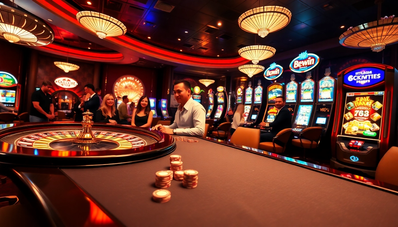 Players engage in high-stakes games at 68win, showcasing luxury and excitement in a vibrant casino atmosphere.