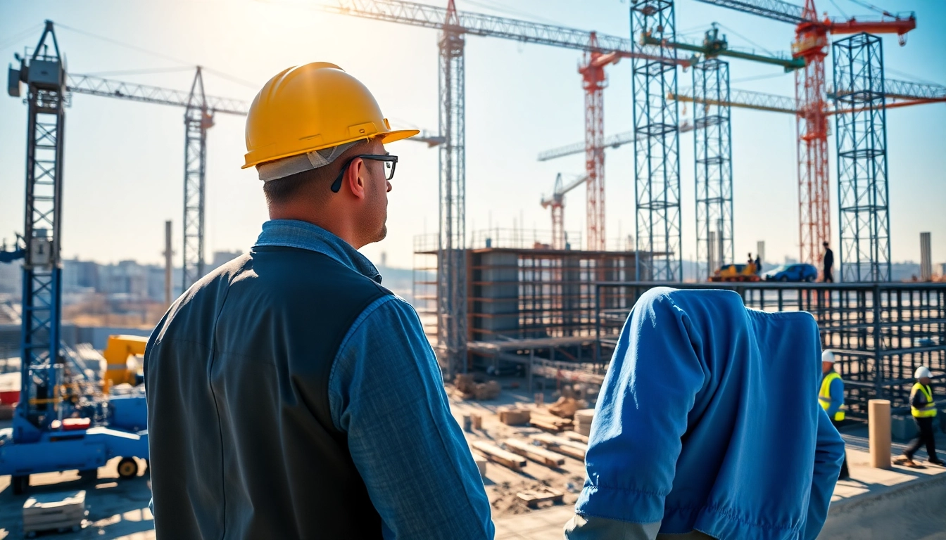 New Jersey Construction Manager supervising an active construction site with cranes and workers.