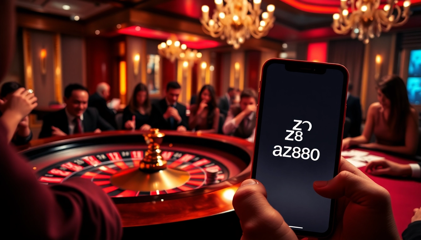 Players enjoying intense gaming at az888 casino with poker cards and vibrant roulette wheel.