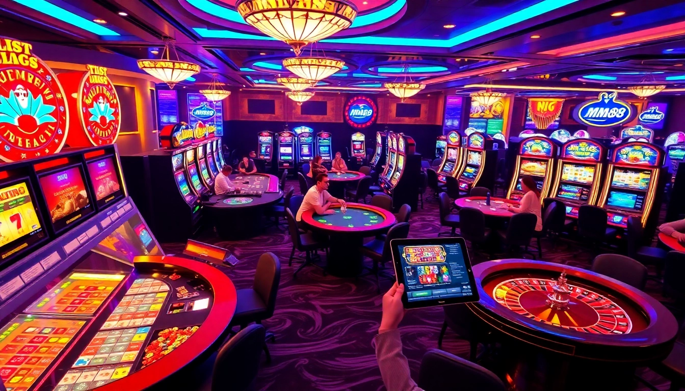 Players enjoying casino games at MM88, featuring vibrant tables and exciting slot machines.