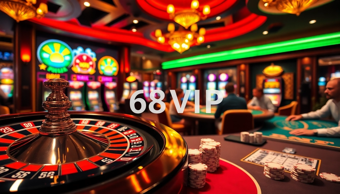Casino players enjoying engaging games at 68VIP, showcasing vibrant roulette and poker action.