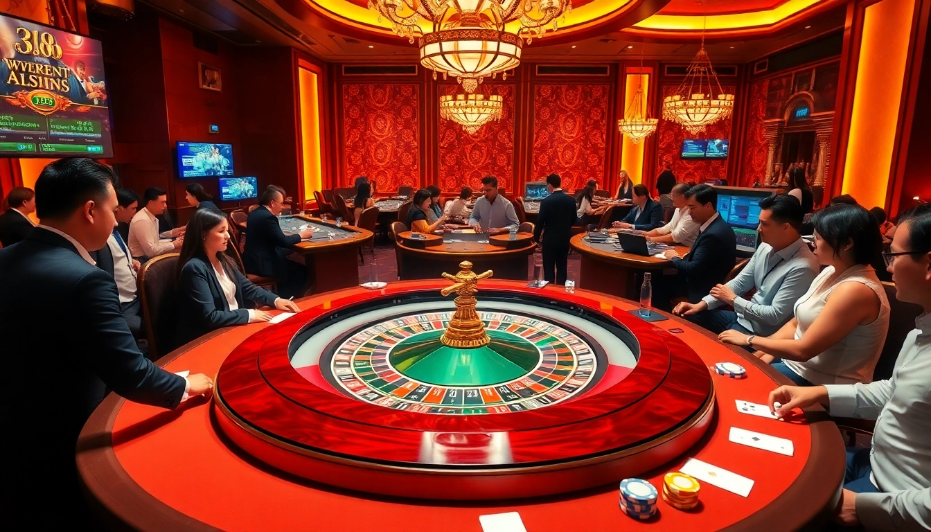 Excitement at rr 88 casino with players at roulette and poker tables, showcasing luxury and thrill.