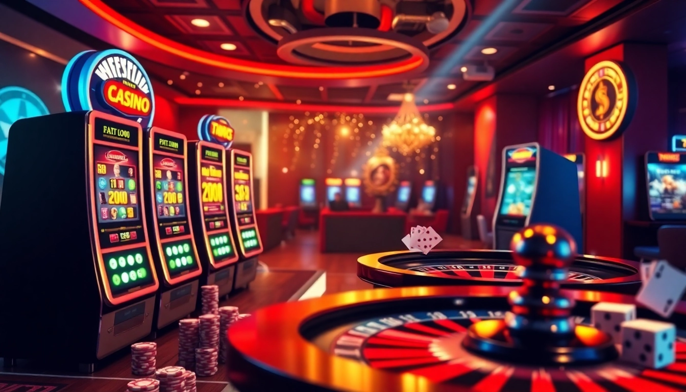 TWIN68 offers an immersive online gambling experience with vibrant slot machines and poker chips.