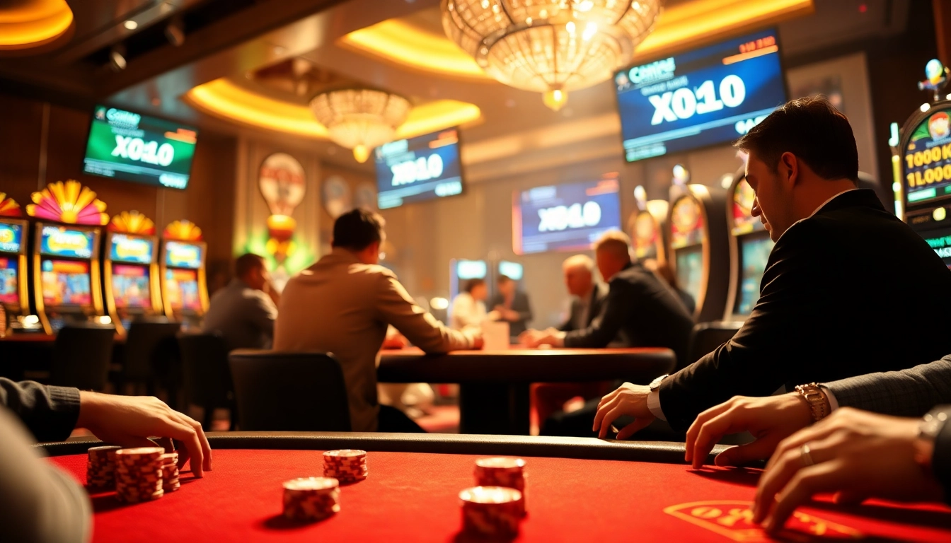 Xoilac provides an exciting gambling experience at a luxurious casino table with engaging players and vibrant gaming elements.