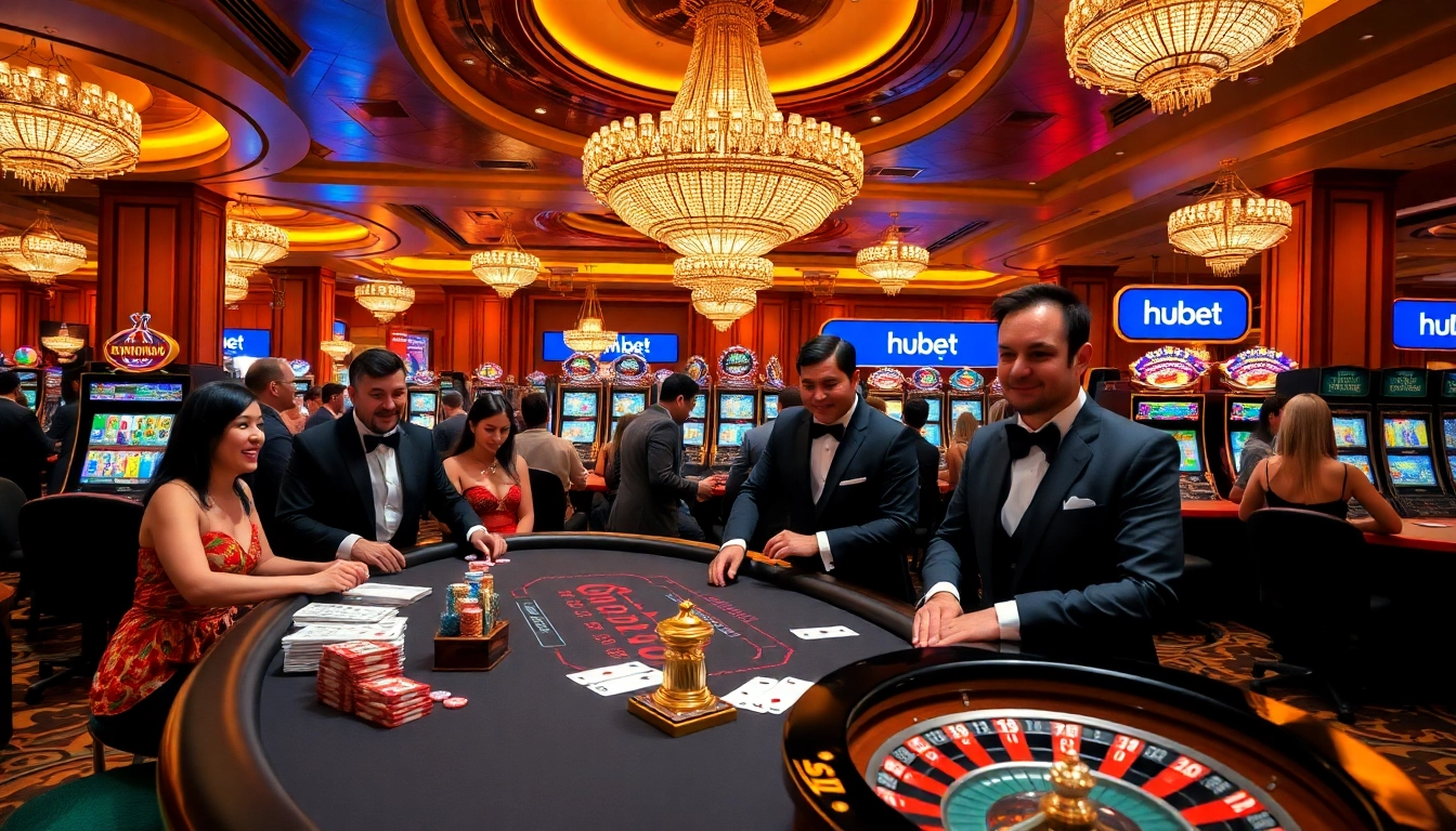 Players enjoying gambling excitement at hubet's luxurious casino table setup.